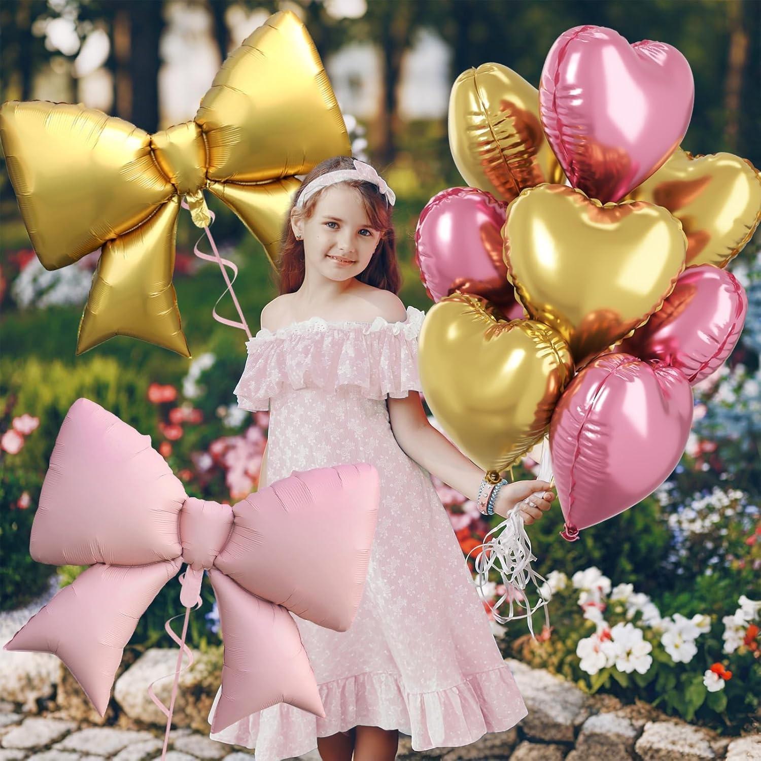 Pink and gold heart-shaped bow balloons, 8 18 inch heart-shaped balloons and 2 38 inch bow balloons (with 2 accessories), suitable for girls' birthdays, Valentine's Day, baby showers, wedding anniversary decorations