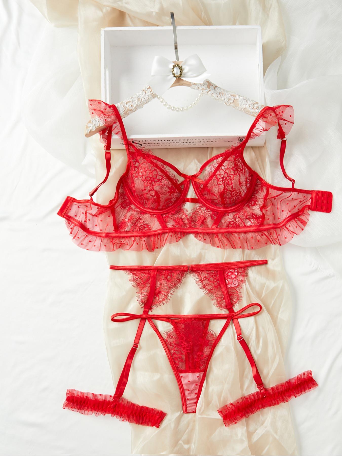 Christmas Midnight Floral Embroidered Lace Soft Comfy Lingerie Set, Adjustable Bra & Thigh Straps, Comfortable Women's Underwear, Multi-Color