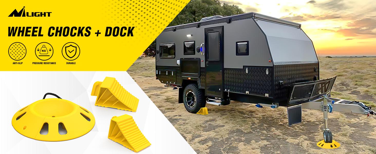 Nilight Plastic RV Wheel Chocks with 1 Wheel Dock Kit - Thermoplastic RV Set, Anti-Slip Grip, Rope Handle, Durability, Secure for Campers, Single Axle Trailers, Tires Up to 23" Diameter, All-Season Car Exterior Accessory for Grass, Sand, Boats