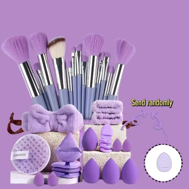 33-Piece Makeup Brush & Tools Kit, Includes 13 Brushes, 4 Cleansing Tools, 16 Puff Cushions, Perfect for Travel & Gifts