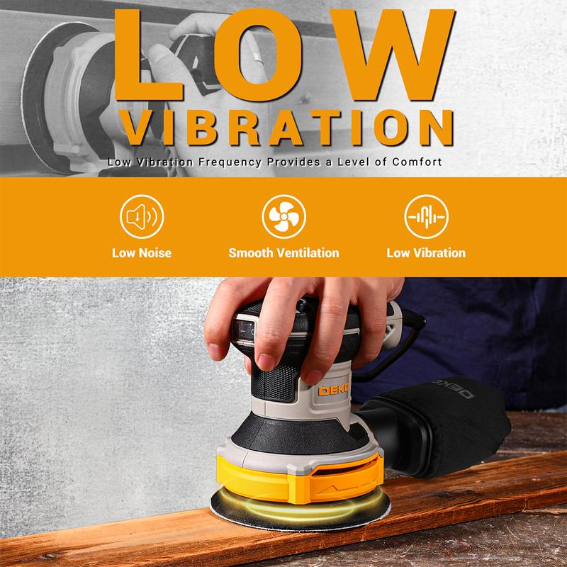 DEKOPRO Random Orbital Electric Sander with 16 Sandpapers, 14000RPM, 5-Inch, High Performance Dust Collection - For Woodworking