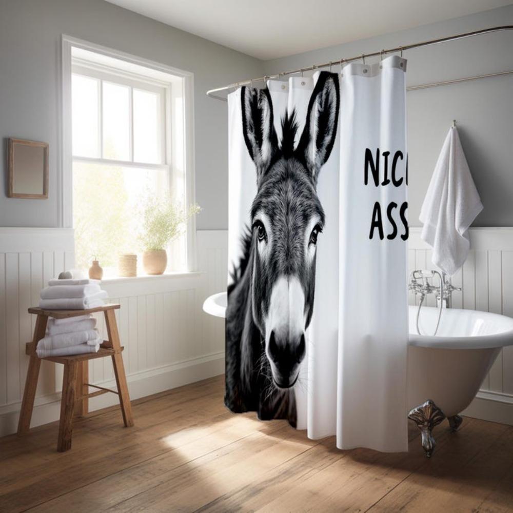 Funny Donkey Shower Curtain, Nice Ass Text Hilarious Farmhouse Fabric Bath Decor with Hooks, Gag Gift for Him or Her