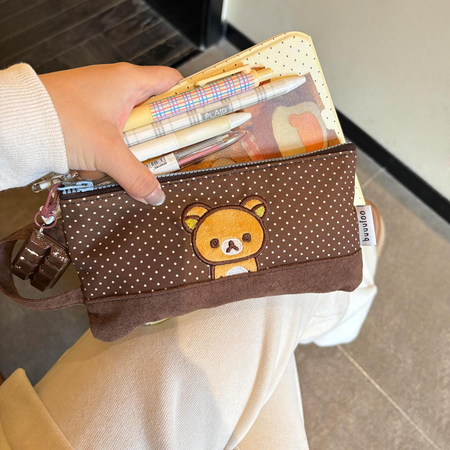 Buuuloo Original Embroidered Rilakkuma Pencil Case Large Capacity Polka Dot Ins Style Kawaii For Teen Girls High School Students