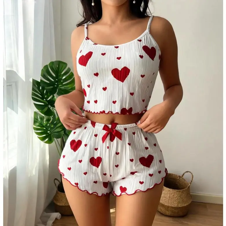 Women's 2-Piece Casual Heart-Printed Spaghetti Strap Ruffle Short Sleepwear Set - 95% Polyester 5% Elastane, 180g/m², All-Season, Romantic Gifts for Her, Valentine's Day Gift, Clothes For Women, Fabric, Lady