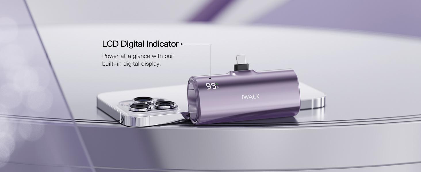 iWALK 5000mAh Portable Charger with 2 Exchangeable Plugs USB-C and Lightning, Mini Power Bank for iPhone 17/16/15/14/13/12/11, Samsung S25/S24/S23, AirPods - Purple Earbuds Silicone Durable Protection power bank