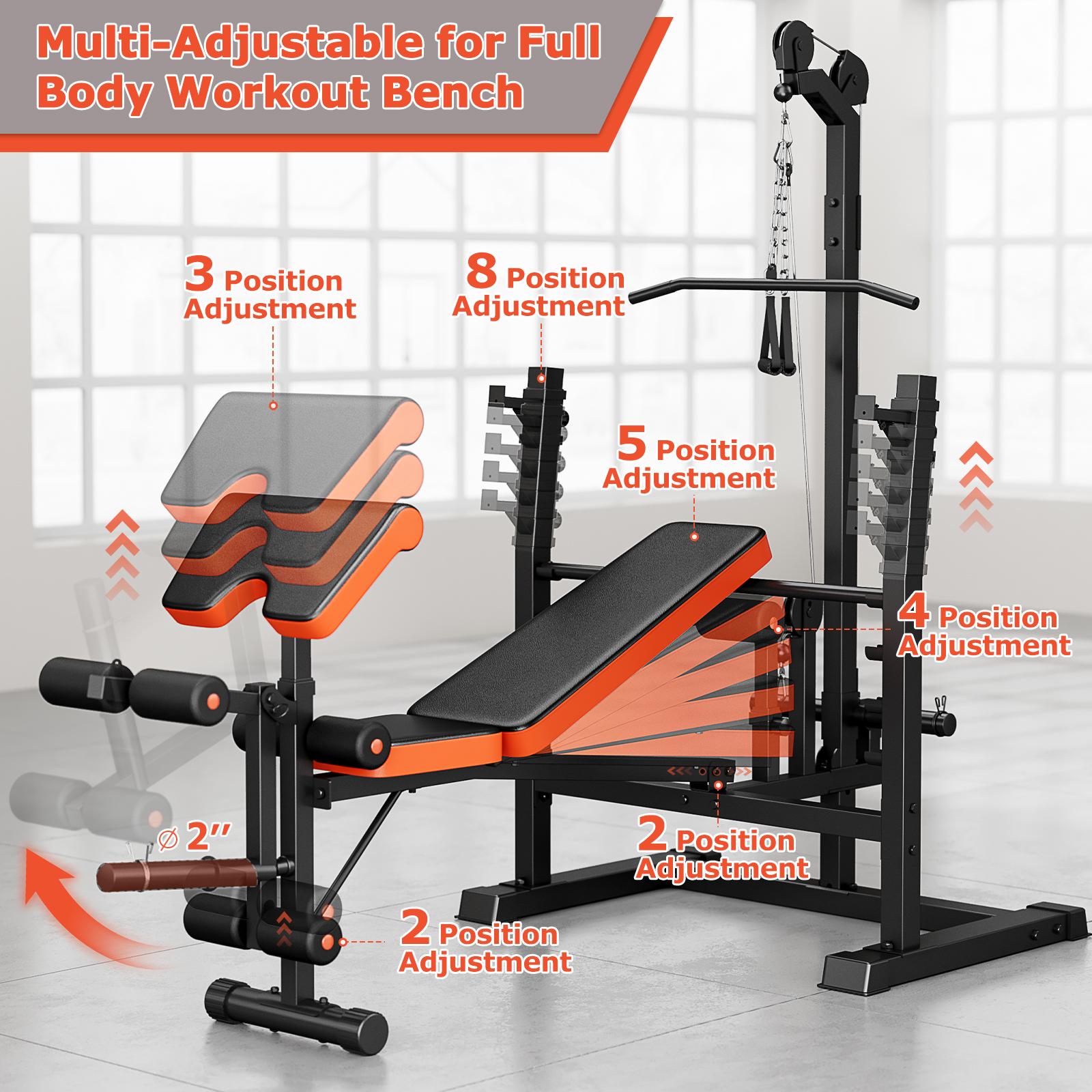 Bearbro 800lbs 10-in-1 Multi-Function Adjustable Weight Bench Press Set with Row Machine & Lat Pull Down,Full Body Strength Training Workout Bench Exercise Equipment with Leg Developer, Preacher Curl