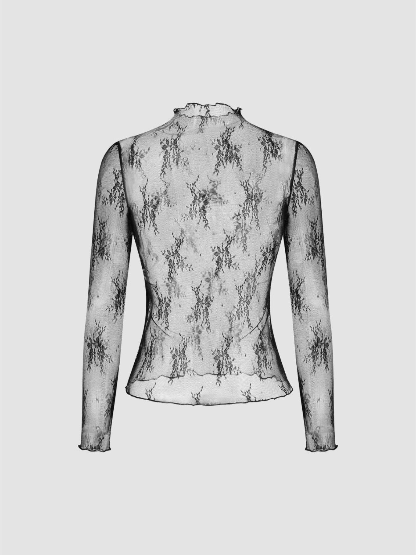 Women's Floral Lace Sheer Lettuce Trim Top, Elegant Long Sleeve Stand Collar Top for Daily Wear, Ladies Clothes for All Seasons, Casual Classy Top