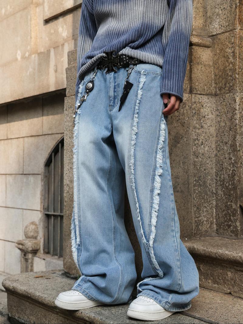 Men's American Casual Light Wash Blue Loose Straight Jeans, Y2K Street Style, Drop Crotch Design, All Seasons, Zipper Fly, Loose Fit