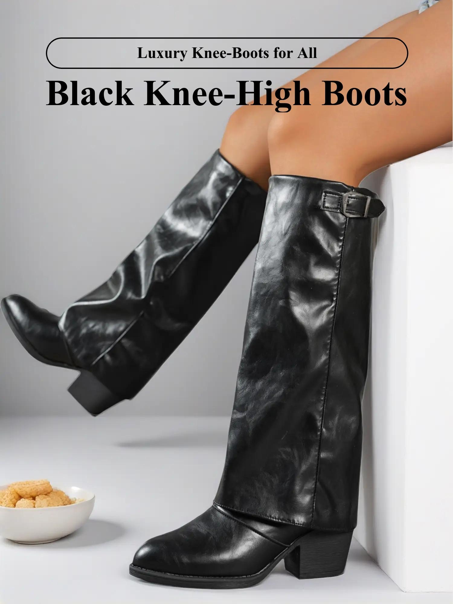 Women's Shark Lock Fold Knee Boots, Wedges High Heels, Zipper Knee-Length, Round-Toe, Designer Luxury, Plus Size, Wide Feet Friendly