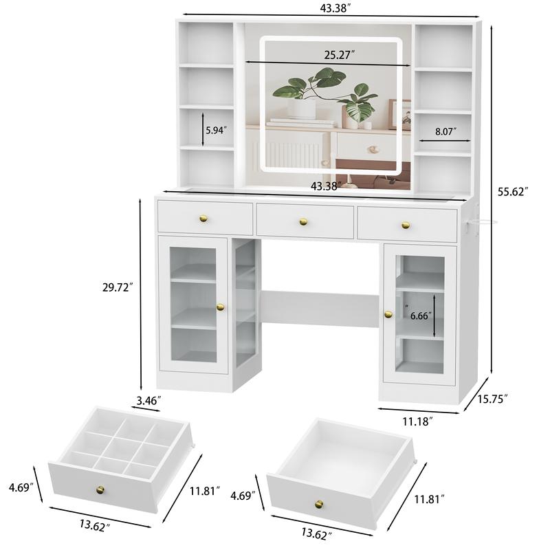 Led Light White Vanity Desk with Mirror and Lights, Glass Top Vanity with Lighted Mirror & RGB Cabinet and 3 Drawers, Dressing Table with 8 Shelves, Modern makeup vanity，Makeup Desk with Lights for Girls Bedroom,