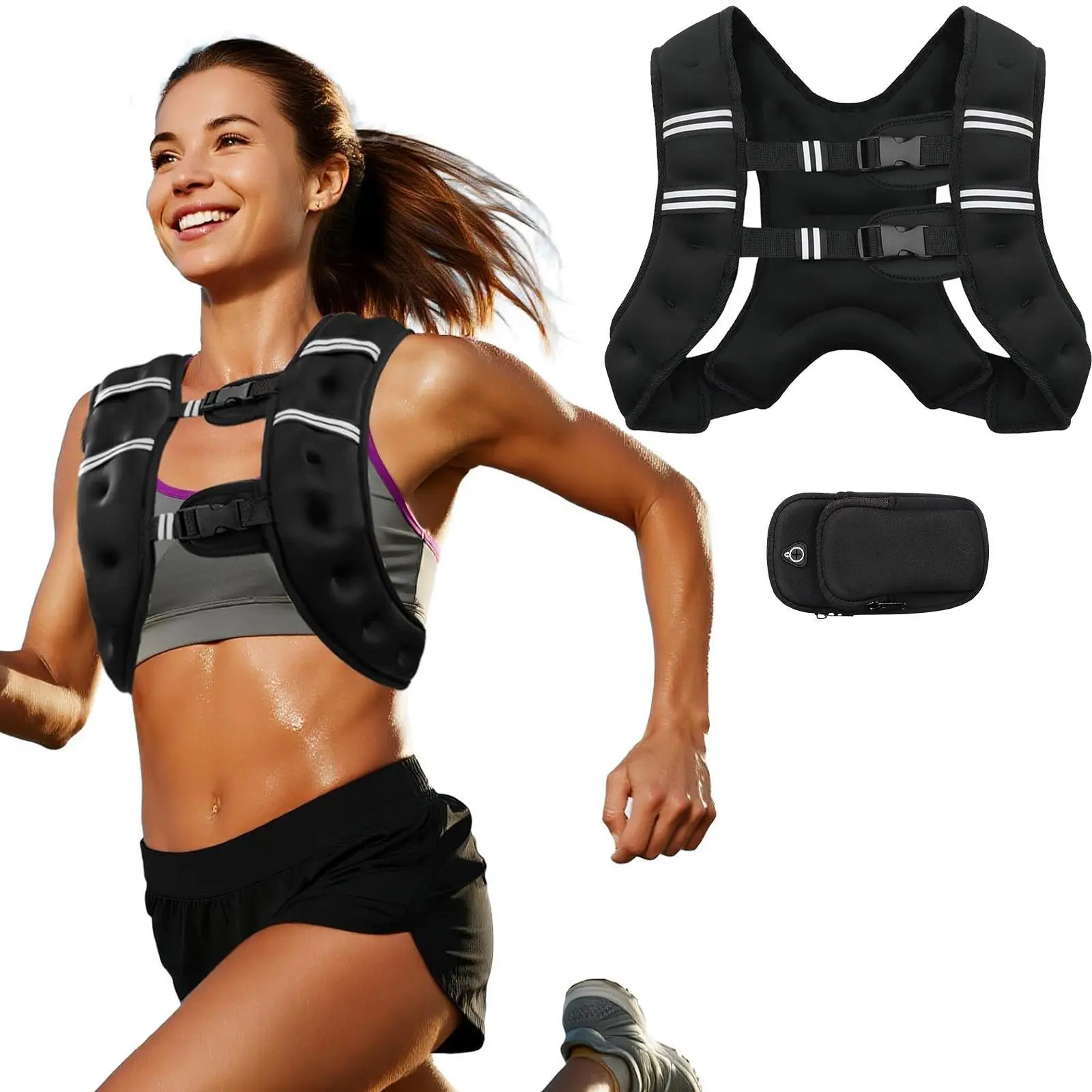 Unisex Weighted Vest (8lbs/12lbs/16lbs/20lbs/25lbs) - Rucking Vest with Detachable Phone Pouch for Running, Gym Training, Weighted Vests