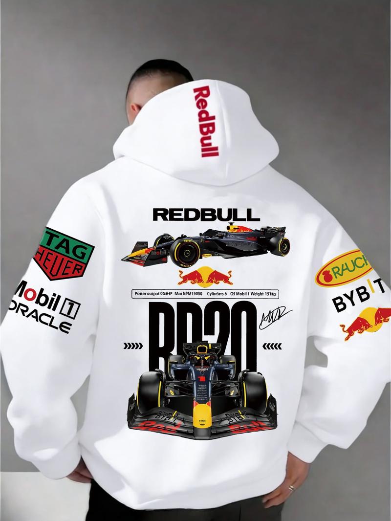 Men's Hooded Sweatshirt F1 Racing Team Collaboration Print Design, Cotton Fleece Material, Loose Fit Mid-Length, and ' Bull Rb20' Racing Theme