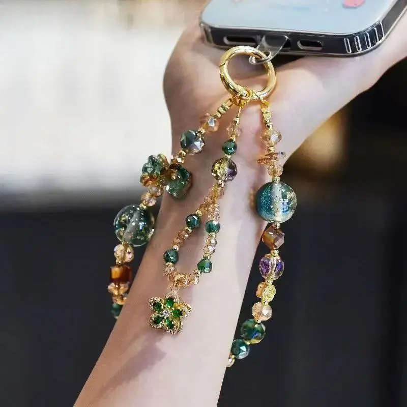 Women's Luxury Floral Crystal Beaded Cellphone Wrist Strap - Green & Gold Gradient Beads, Flower Charm, Elegant Vintage Mobile Lanyard Accessory for Phone & Bag Decor
