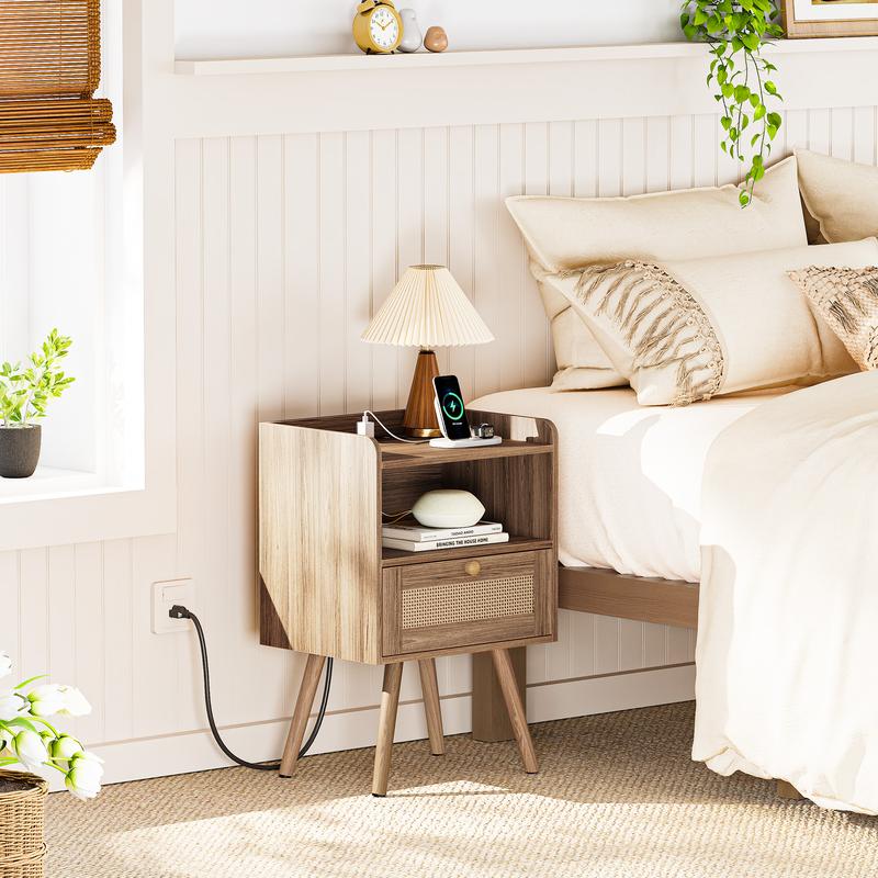 SUPERJARE Nightstands Set of 2, Night Stands with Charging Station & PE Rattan Decor Drawer, Bed Side Tables with Solid Wood Feet, End Table, for Bedroom, Living Room