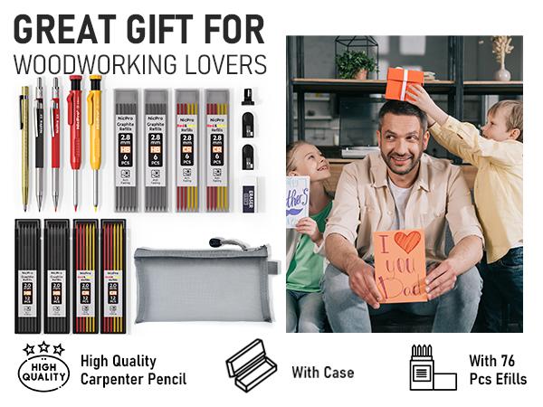 Nicpro 5 Pack Mechanical Carpenter Pencil Set with Sharpener, 76 Refills(Black, Red, Yellow) & Carbide Scribe Tool, Deep Hole Markers Construction Heavy Duty Woodworking Pencil for Architect with Case