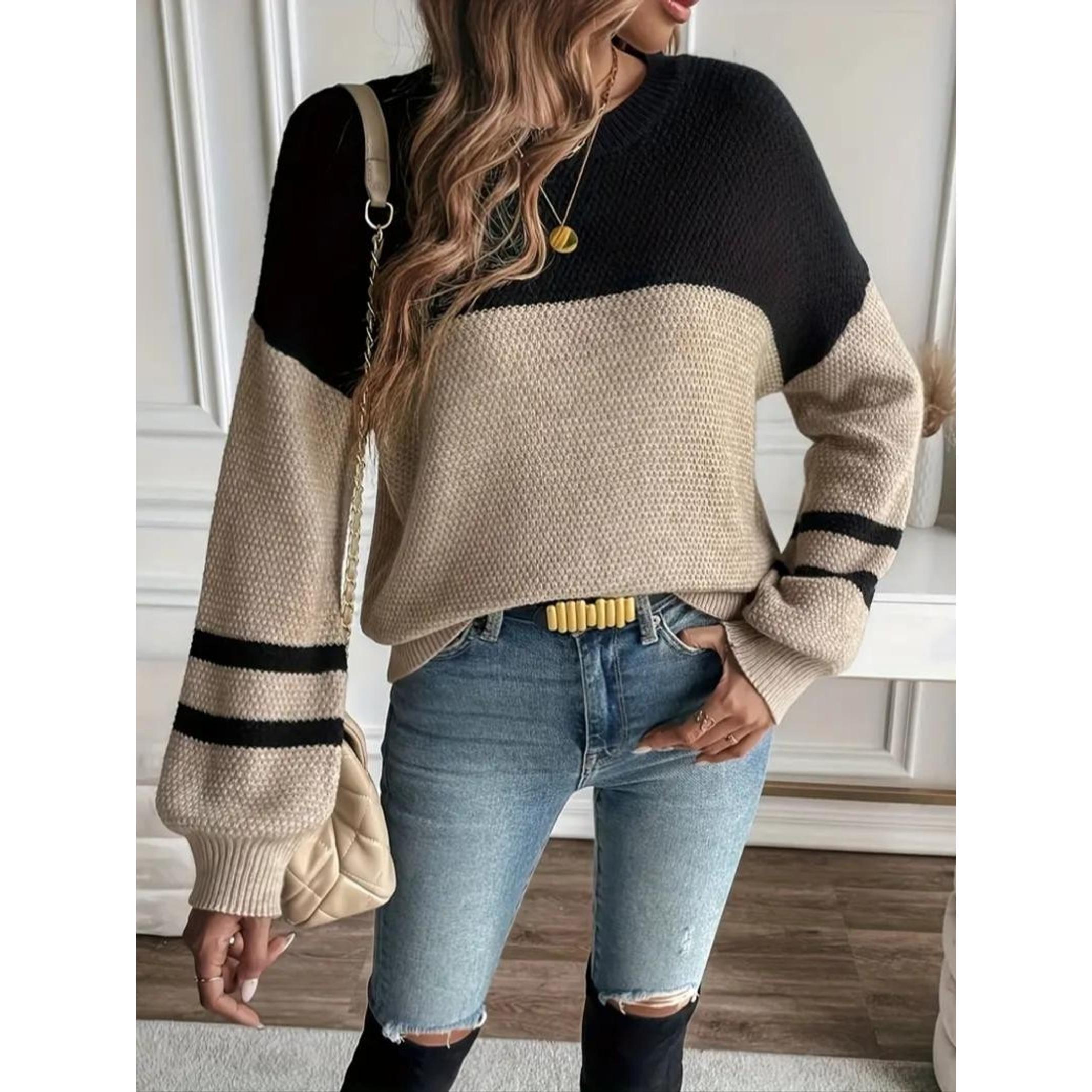 Loose-Fitting Color Block Striped Sweater, Thick Casual Knit for Fall & Winter, Cozy Fashion for Relaxed Days