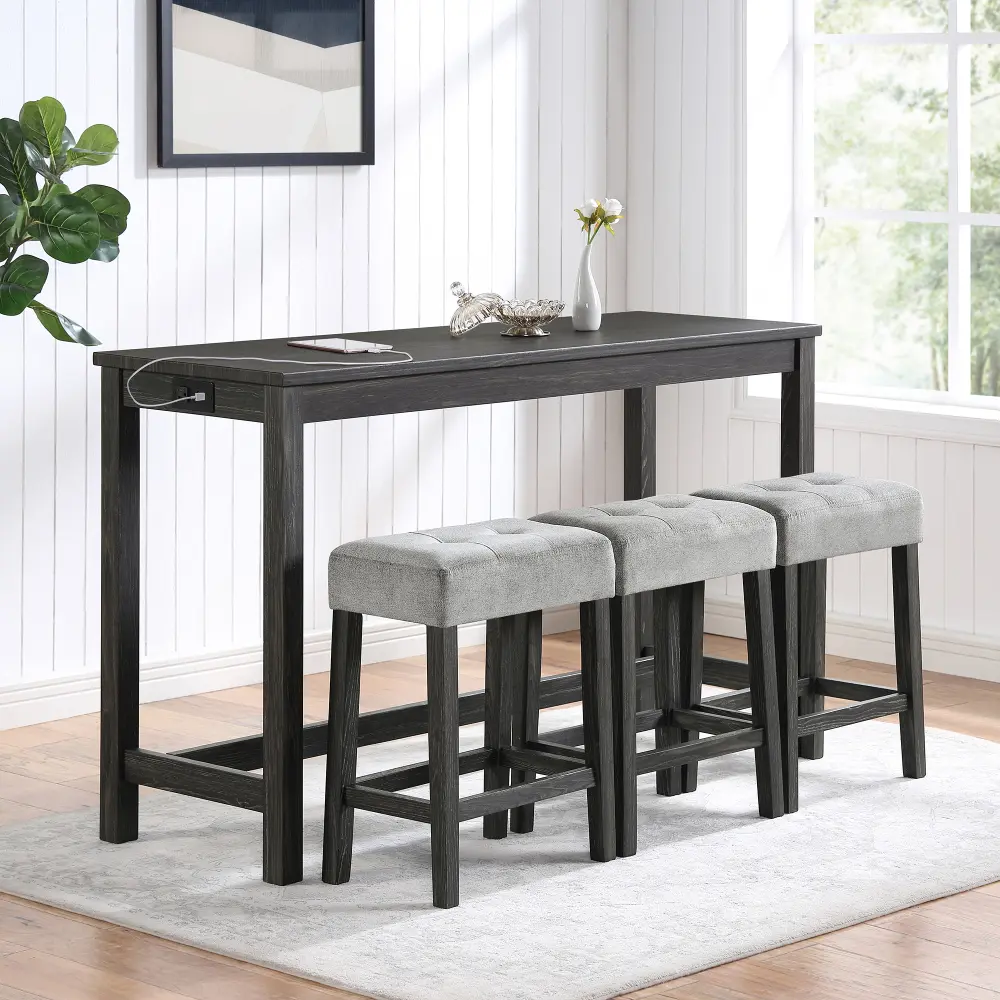 4 Piece Bar Table Set with Power Outlet, Industrial Counter Height Dining Table Set with 3 Bar Stools, Kitchen Breakfast Nook Furniture Set, Pub Style High Top Table and Chairs for Living Room, Dining Room, Game Room, Apartment & Home Office