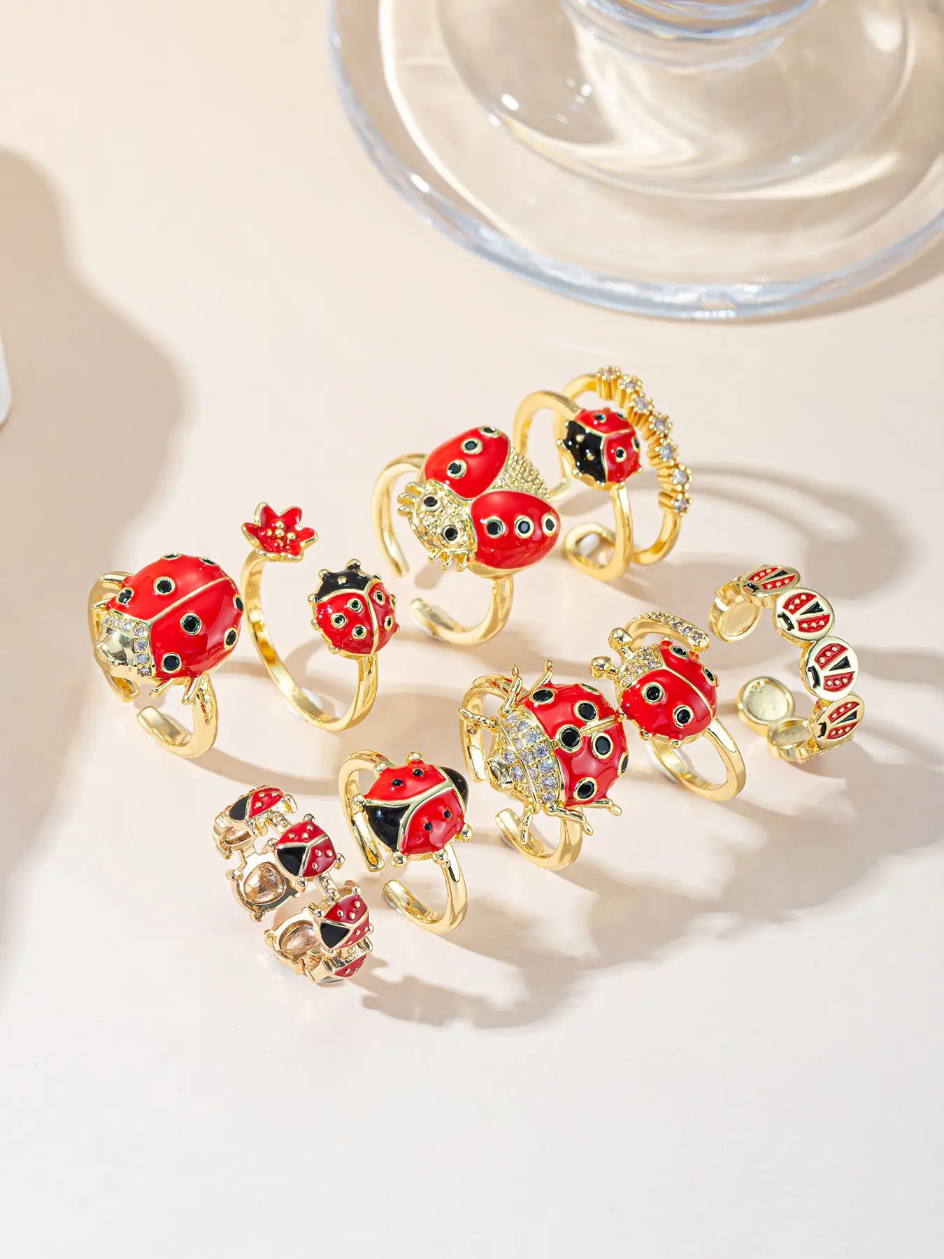 9-Piece Adjustable Enamel Ladybug Ring Set for Women, Rhinestone Statement Rings, Vintage Fashion Jewelry with Copper Chain Prints, All Seasons Casual Style