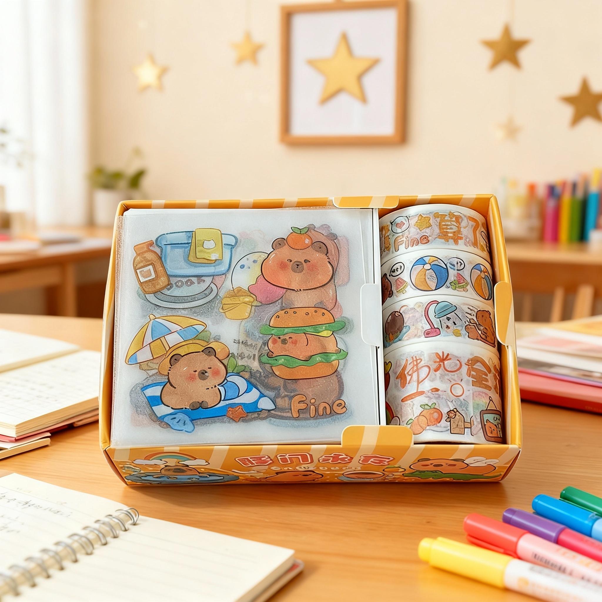 Capybara Themed Stationery Gift Set, 4 rolls of tapes and 4pcs stickers, DIY decorative stickers, suitable for decorating stationery, books, laptops, water bottles, mobile phone cases