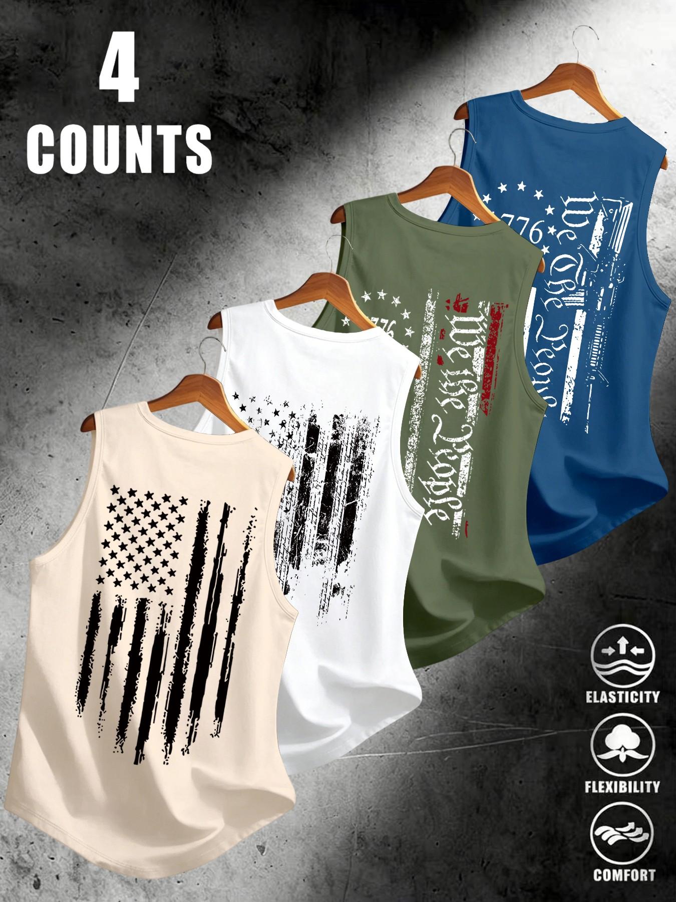 American Flag Print Men's Sleeveless Vest Set of 4, Breathable Stretchy Fabric, Sporty Fit, Comfortable Fashion for Daily Street Wear
