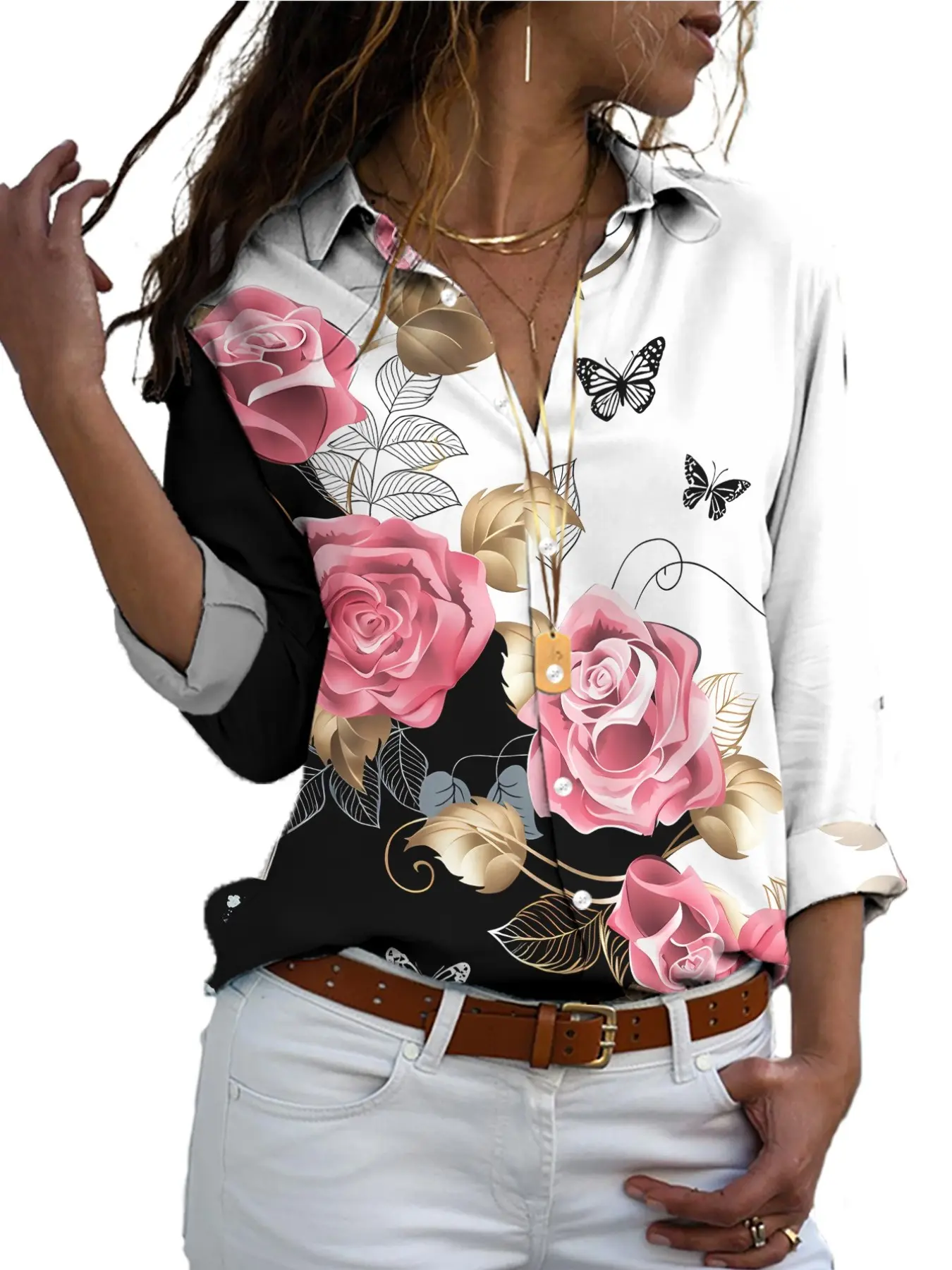 2026 New Ladies European and American Style Romantic Floral Print Shirt with Rose and Butterfly Pattern, Casual Loose Fit Long Sleeve Blouse Featuring All over Print and Fold Collar Tops