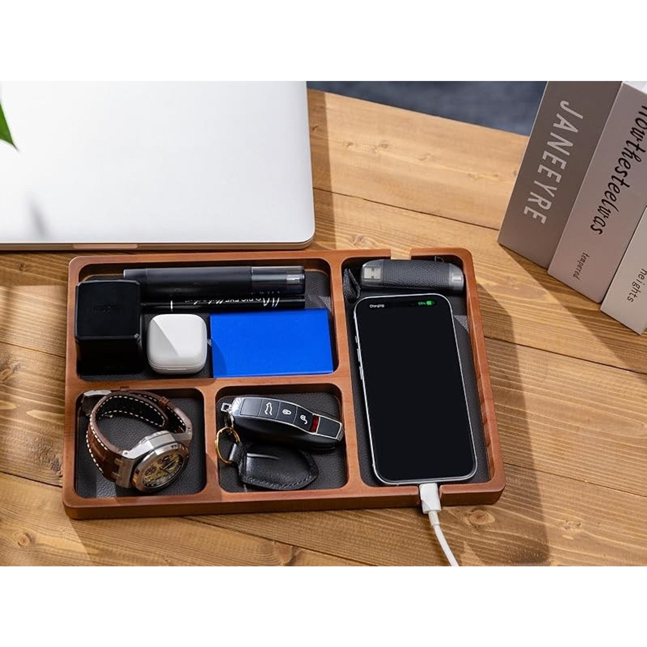 Wooden Valet Tray for Men with Leather Inlay - Nightstand EDC Catchall Organizer for Keys, Phone, Wallet, Watch, Earbuds - Bedside Desk Entryway Tray (Wood)Gift