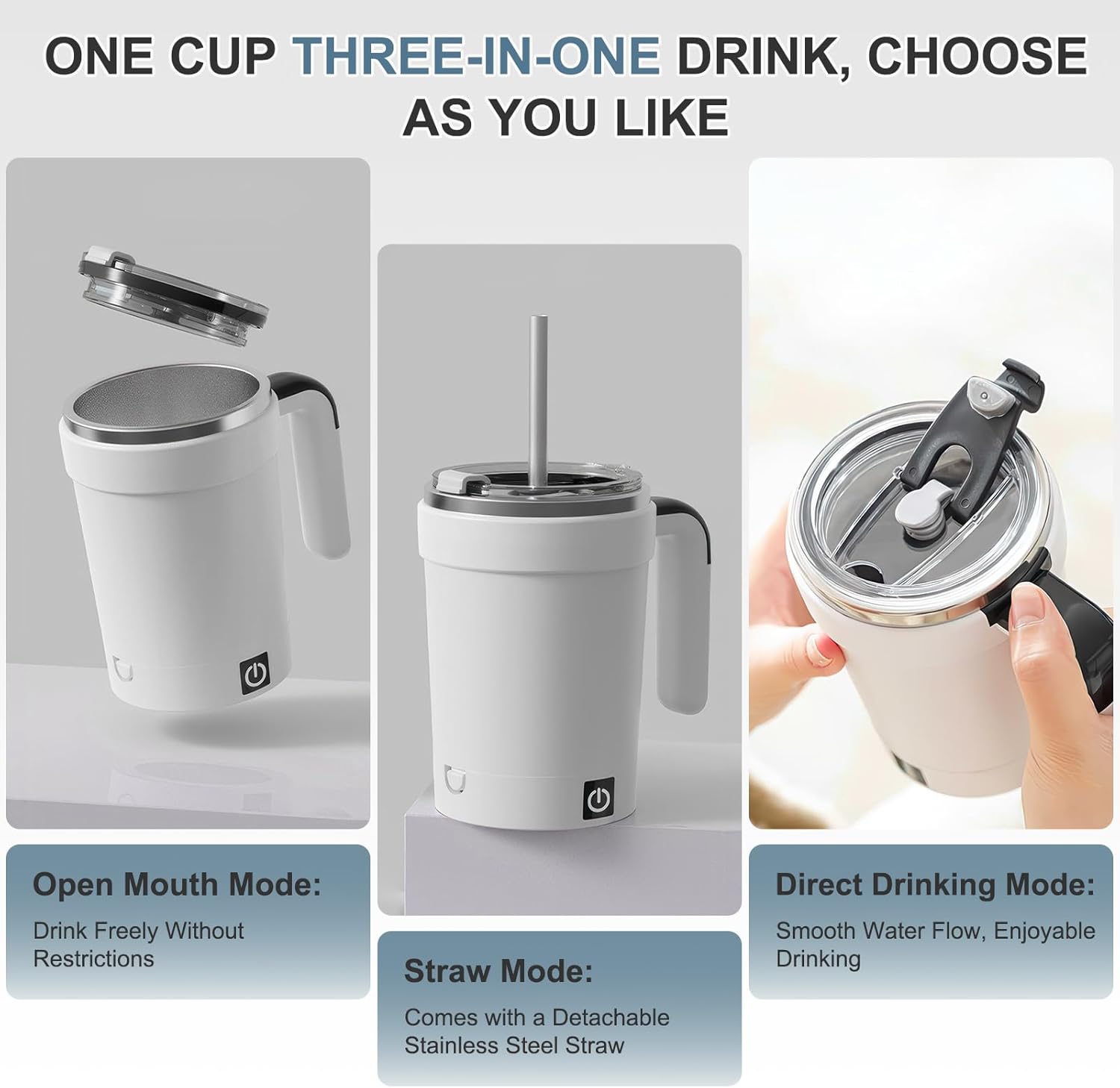 Automatic Stirring Coffee Cup, Rechargeable Automatic Magnetic Stirring Cup with Temperature Display, Drinking Cup Lid with Straw, Suitable for Coffee, Tea and Hot Chocolate, Stirring Mug