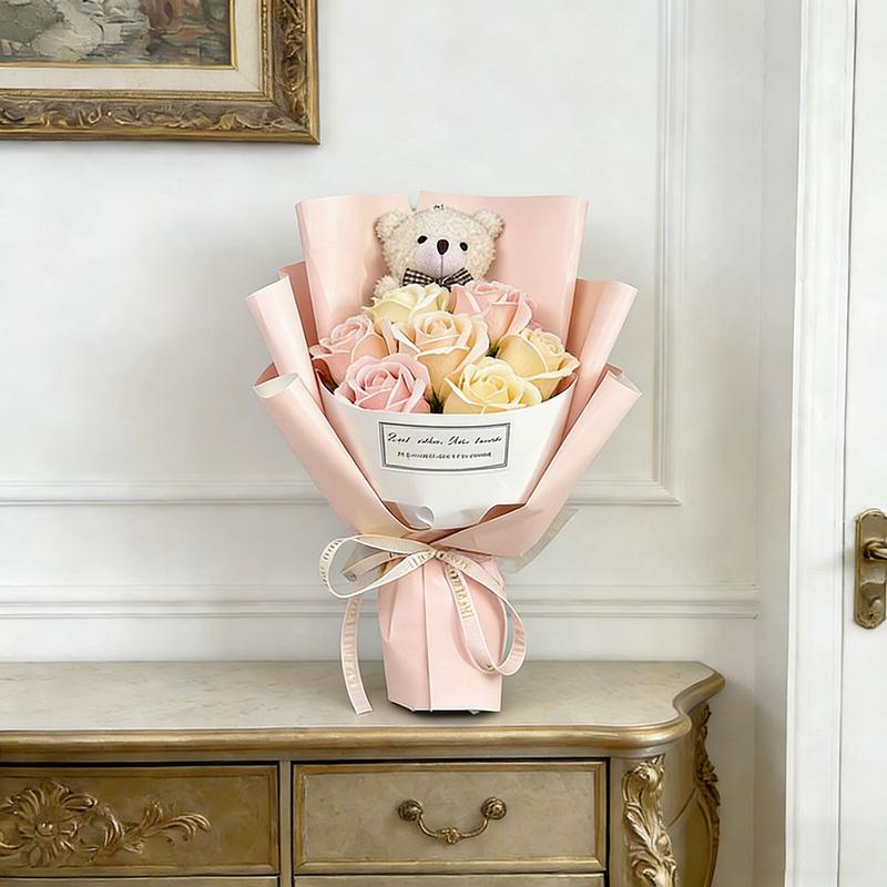 Boutique Rose Gift Box, 1 Set Artificial Rose Soap Flower Bear Cartoon Doll Bouquet Gift Box, Romantic Eternal Rose Bouquet, Deluxe Gift Box Set, Simulated Rose Desktop Bedroom, Unique Creative Gift for Birthday，christmas Gifts, Christmas Bouquets