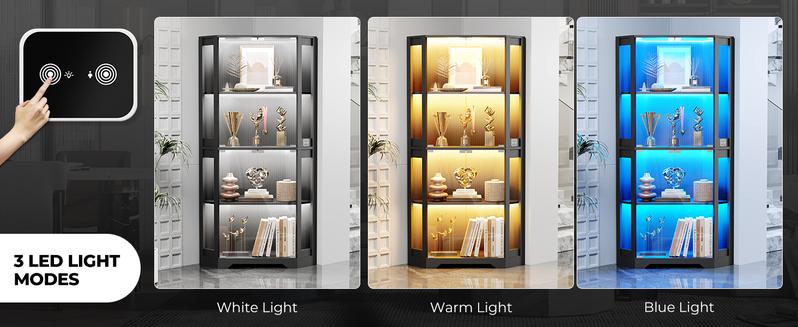 BROTTAR Display Cabinet with Glass Doors, 65" Lighted Curio Cabinet with 3 Color Lights for Collectibles, Toys, 4-Tier Corner Display Case with Human Body Sensor for Living Room,  Led Lighting,Large Storage Capacity ,Black