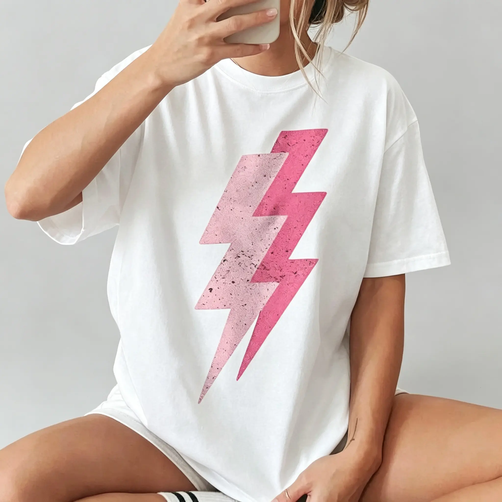Womens Pink Vintage Oversized Graphic Tee Lightning Bolt 80s Y2K 90s