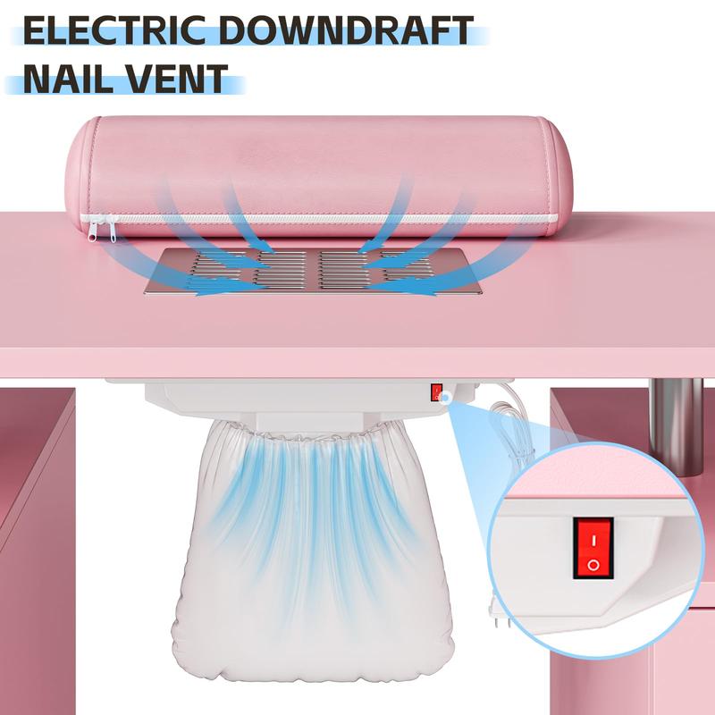Beauty Salon Resistant with Drawers & Cabinet, Nail Desk Station for Nail Tech with Electric Downdraft Vent & Locking Castors & Wrist Cushion, Manicure Table Nail Desk for Spa Beauty Salon