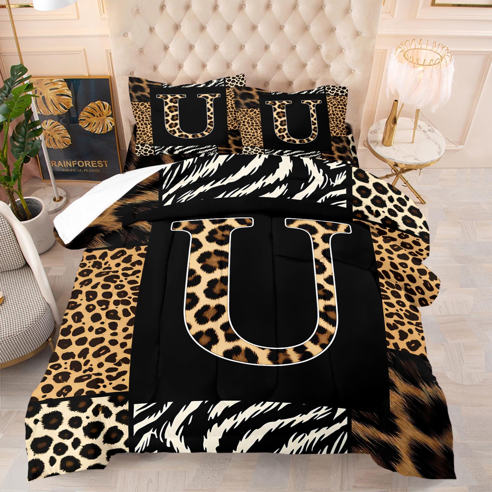 Wild Patchwork First Letter Print Comforter Set & 1-2 Pillowcases No Core, Leopard Print Letters A-Z, Zebra, Hair Texture Collage Pattern, Soft Warm Bedding, Wild Sexy Bedroom Decor, Ideal Gift Choice