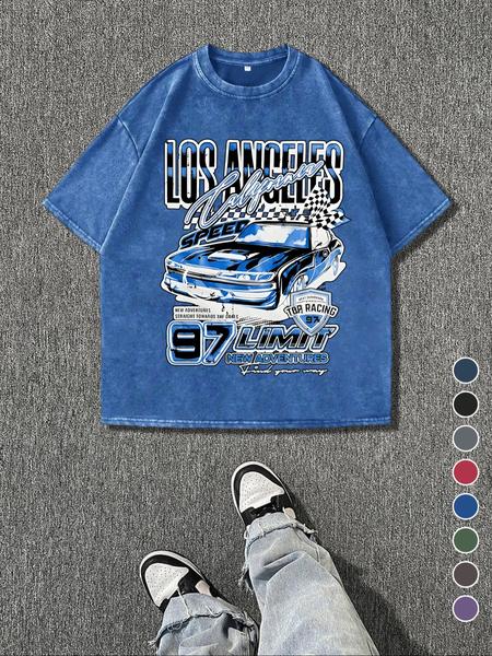 Men's Regular Fit Car Graphic Print Round Neck Tee, Vintage Trendy Casual Short Sleeve T-shirt for Daily Wear, Ladies Summer Outfit, Top