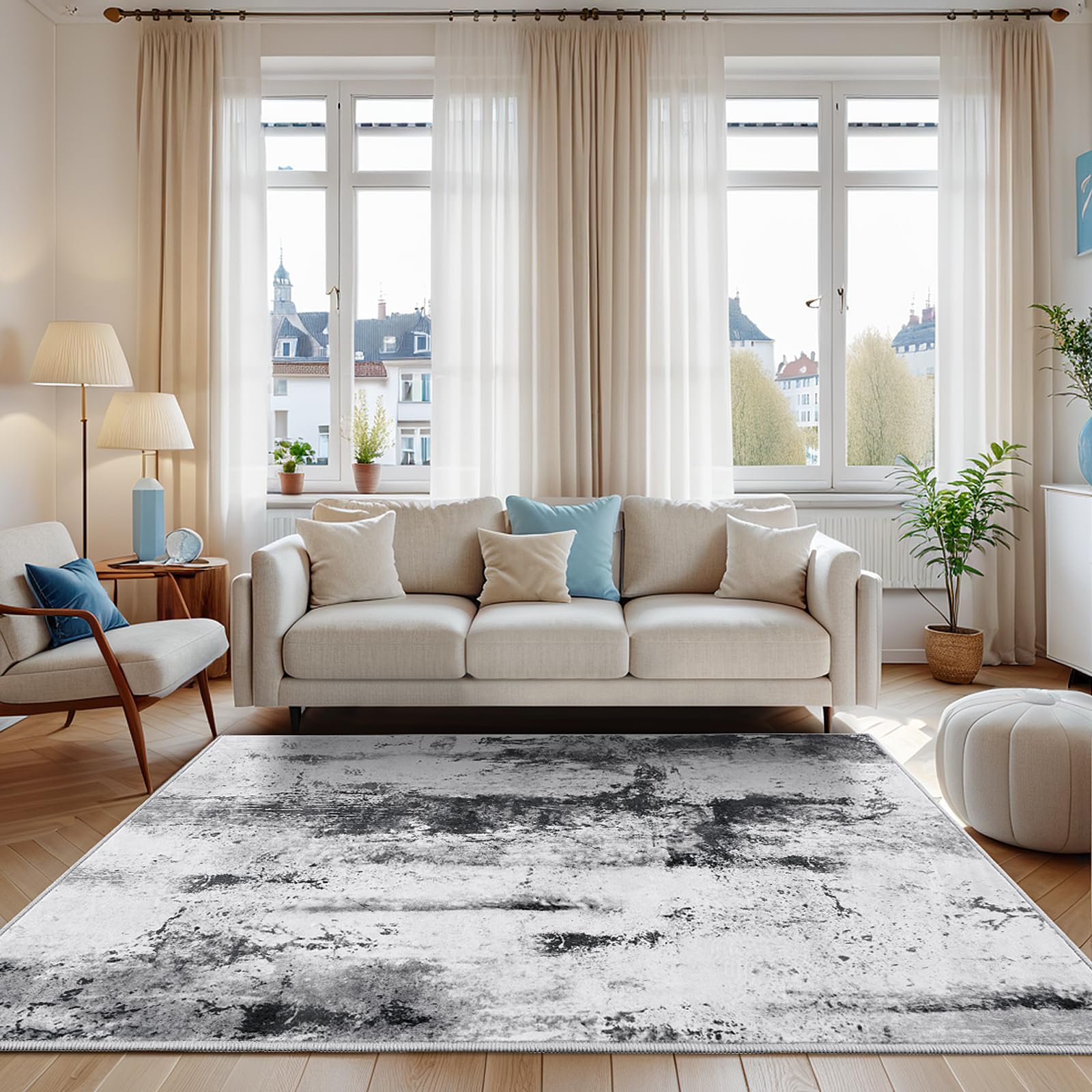 Blue Abstract Modern Machine Washable Area Rug For Living Room, Non Slip Low Pile Large Rug For Bedroom, Farmhouse, Dining Room, 5x8, 7x10, 9x11 Feet