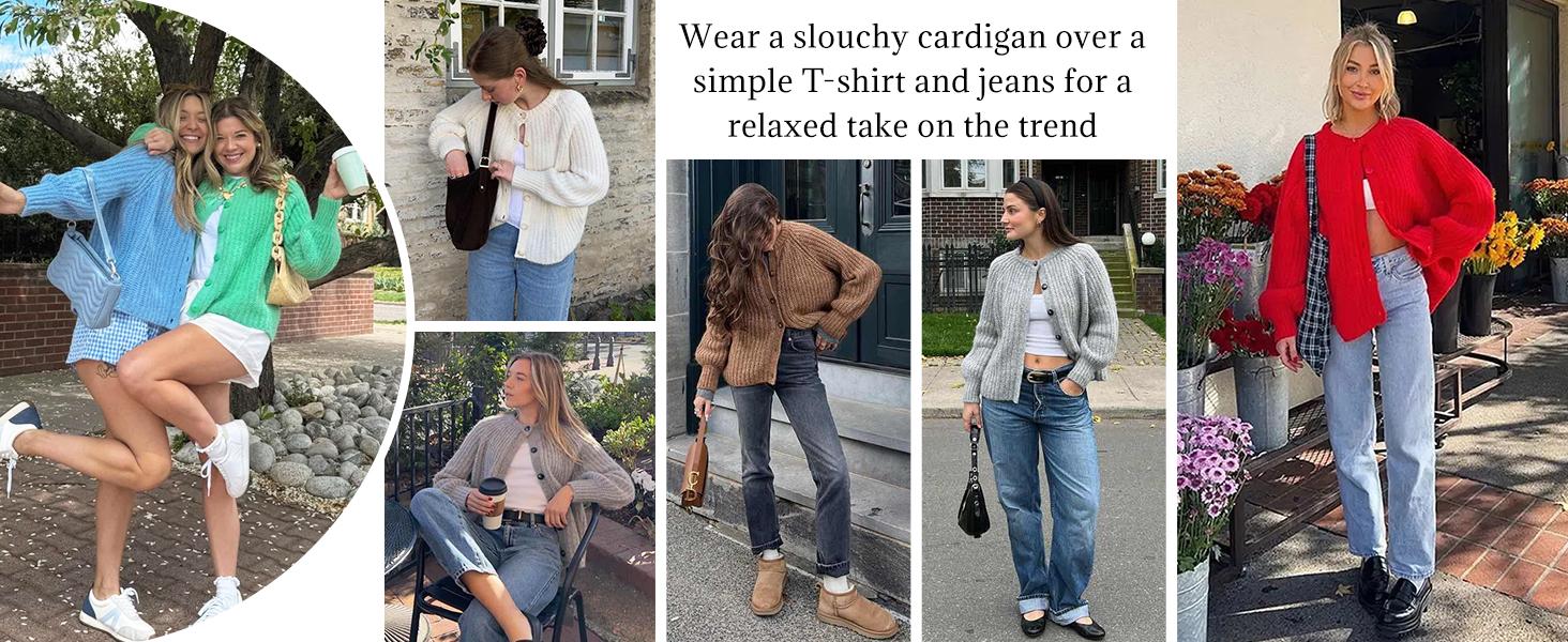 SCUSTY Women's Casual Long Sleeve Crewneck Button Down Cardigan Sweater Knit Outwear Loose Fit Solid Color Knitwear for Spring Fall