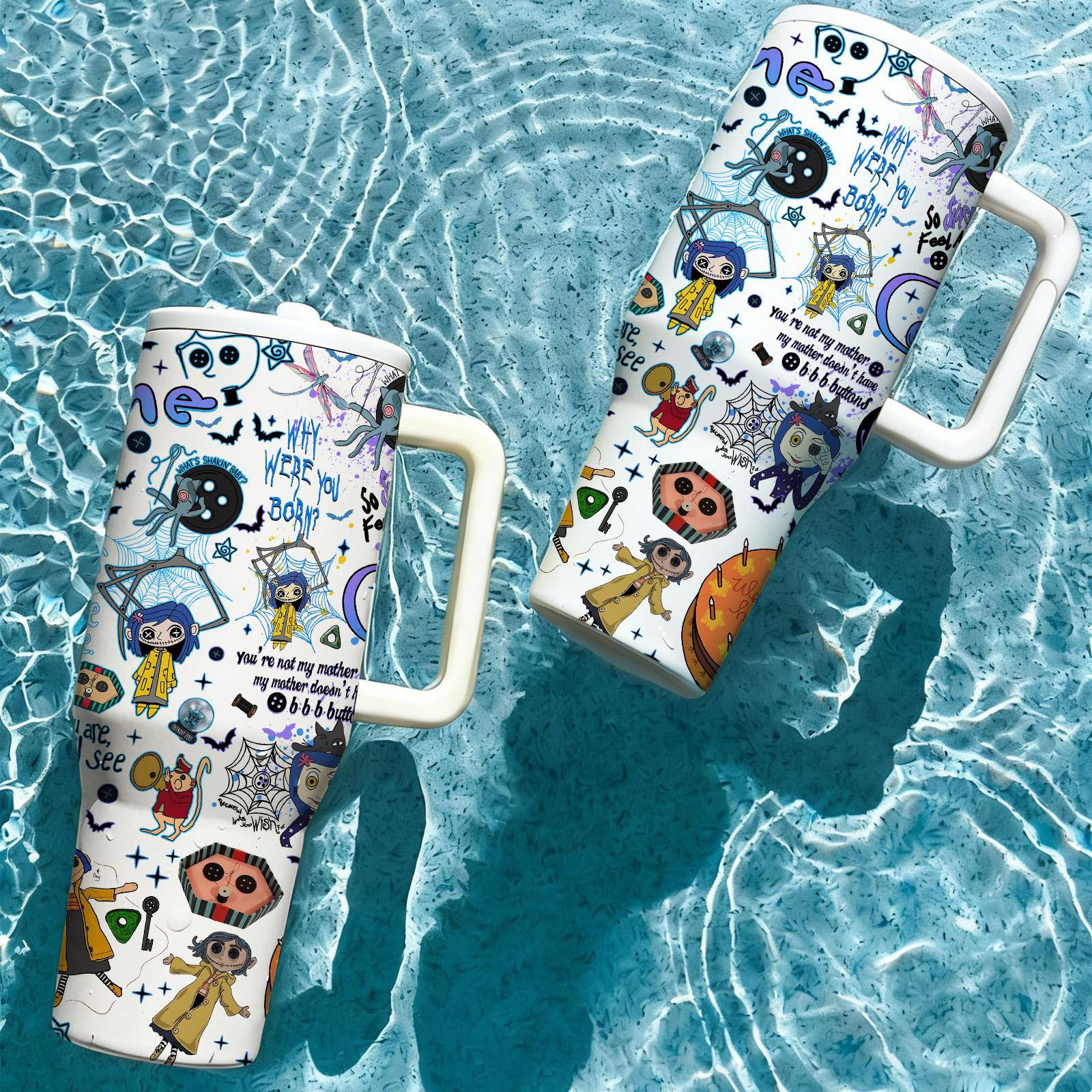 1pc 40oz Stainless Steel Tumbler with Lid & Straw, Coraline Dark Fantasy Style, Vacuum Insulated Thermal Cup, Insulated Travel Drinkware, Keep Hot 12H / Cold 24H, Creepy Cute Travel Mug, Gift for Horror Aesthetic & Animation Enthusiasts