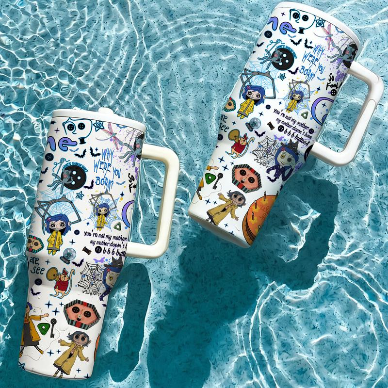 1pc 40oz Stainless Steel Tumbler with Lid and Straw, Coraline Dark Fantasy Cartoon Style, Vacuum Insulated Thermal Cup, Keep Hot 12H / Cold 24H, Creepy Cute Travel Mug for Movie Fans, Unique Gift for Horror Aesthetic Lovers and Animation Enthusiasts