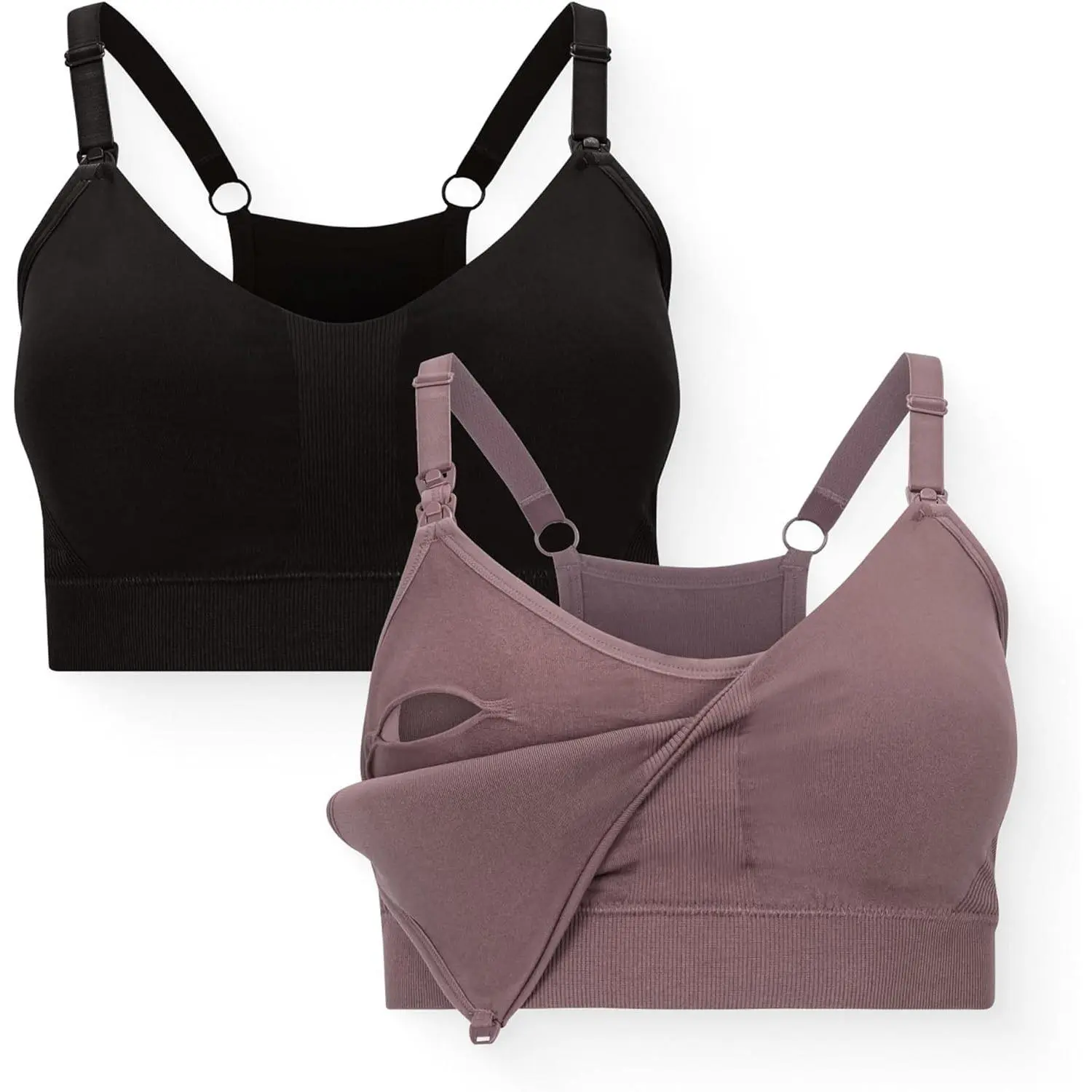 Essentials Sports Pumping & Nursing Bra, Hands Free, 2 Pack | Racerback breastfeeding bra with clip down cups and wireless comfort. Soft stretchy maternity fit for workouts or daily wear