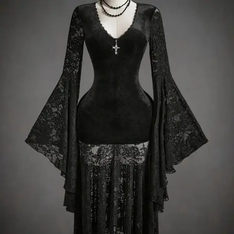 Elegant Gothic Lace Dress, Deep V-Neck, Flared Sleeves, Velvet & Lace Combination, Waist-Cinch Design, Mystical & Alluring, Aesthetic