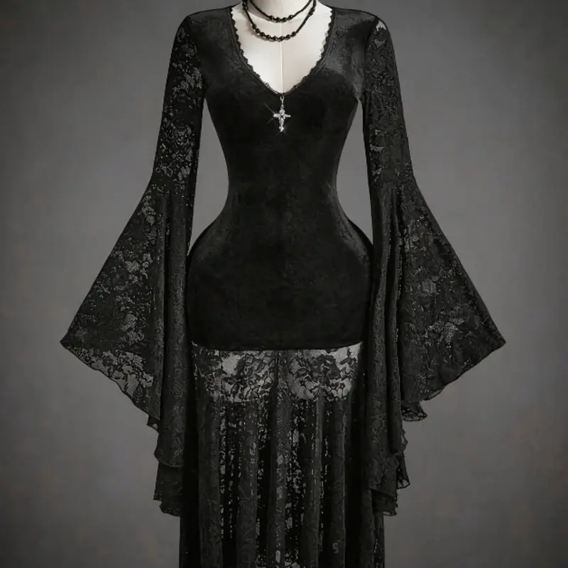 Elegant Gothic Lace Dress, Deep V-Neck, Flared Sleeves, Velvet & Lace Combination, Waist-Cinch Design, Mystical & Alluring, Aesthetic