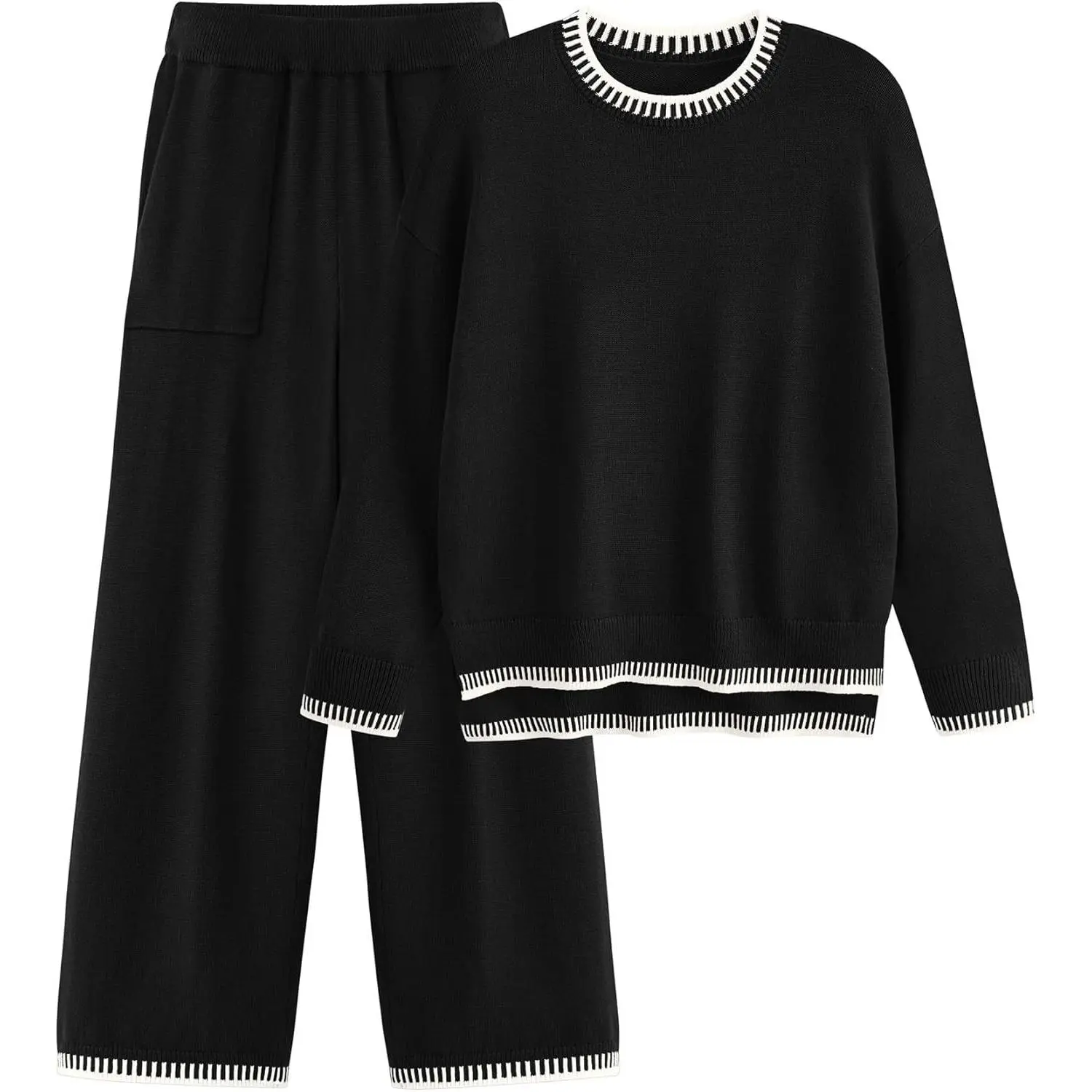 Women's 2 Piece Knit Sweater Outfit Casual Long Sleeve Pullover Wide Leg Pants Tracksuit Loungewear Set