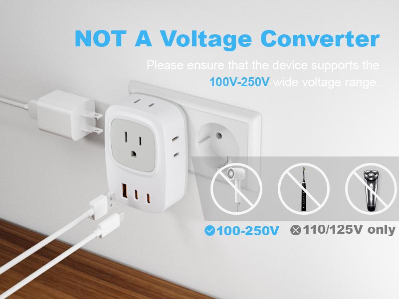 Germany France Power Adapter with 2 USB C, 4 AC Outlets. EU Plug Adapter for US to Europe, Korea, Iceland, Greece, Spain.