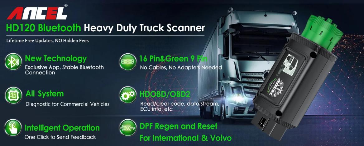 ANCEL HD120 Bluetooth Heavy Duty Truck Scanner for Volvo International, Full System Diesel Diagnostic Tool with DPF Regen & Reset, HDOBD & OBD2 Scanner for Diesel Trucks, Lifetime Free Updates ANCEL HD120 Bluetooth Heavy Duty Truck Scanner for Volvo International, Full System Diesel Diagnostic Tool with DPF Regen & Reset, HDOBD & OBD2 Scanner for Diesel Trucks, Lifetime Free Updates