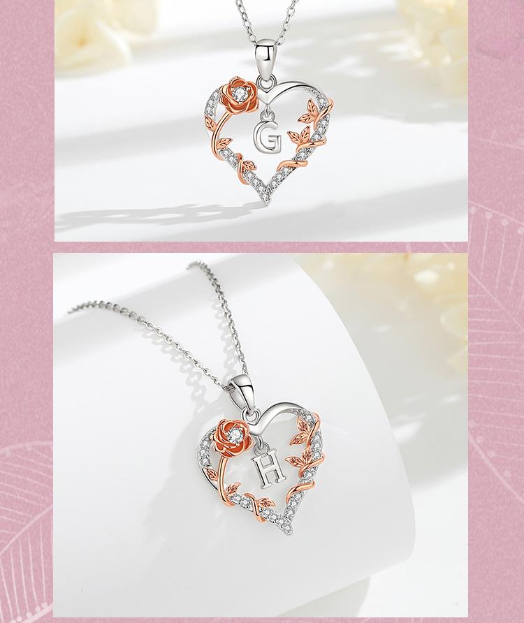Personalized Letter Heart Necklace, Custom Initial Pendant Charms, Perfect Valentine’s Day Gift for Girlfriends, Moms, RoseGold Flower Jewelry