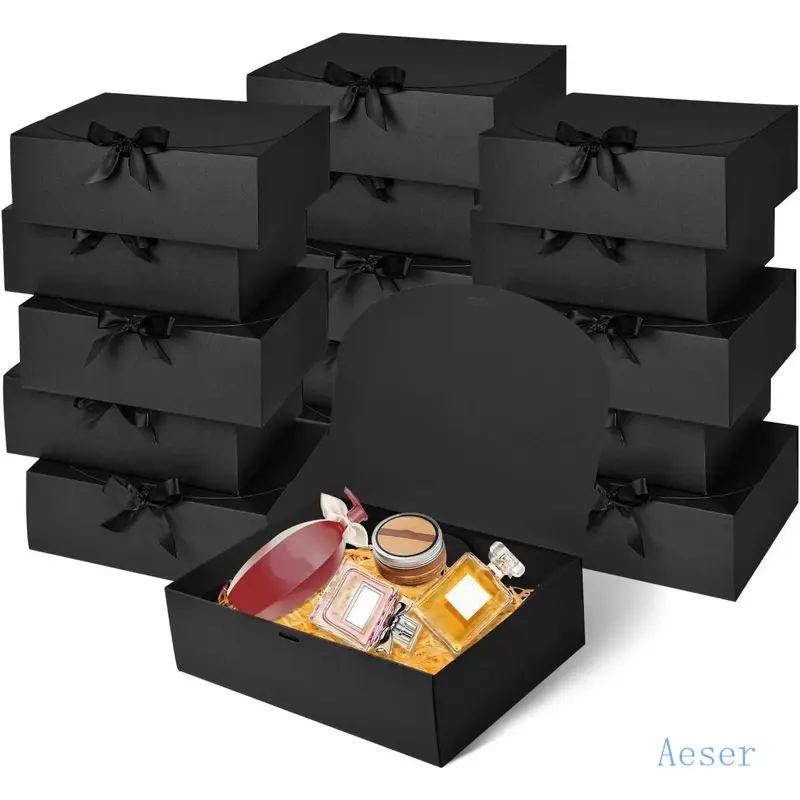 12Pack Black Gift Boxes with Lids, 12*9.8*3.1 Inch Groomsmen Proposal Box, Luxury Black Gift Box with Ribbon for Bridesmaid Box, Graduation, Christmas, Wedding, Birthday, Party-L