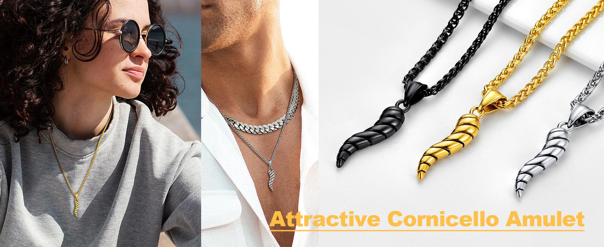 U7 Italian Horn Pendant for Men Women Cornicello Necklace 316L Stainless Steel Men Jewelry