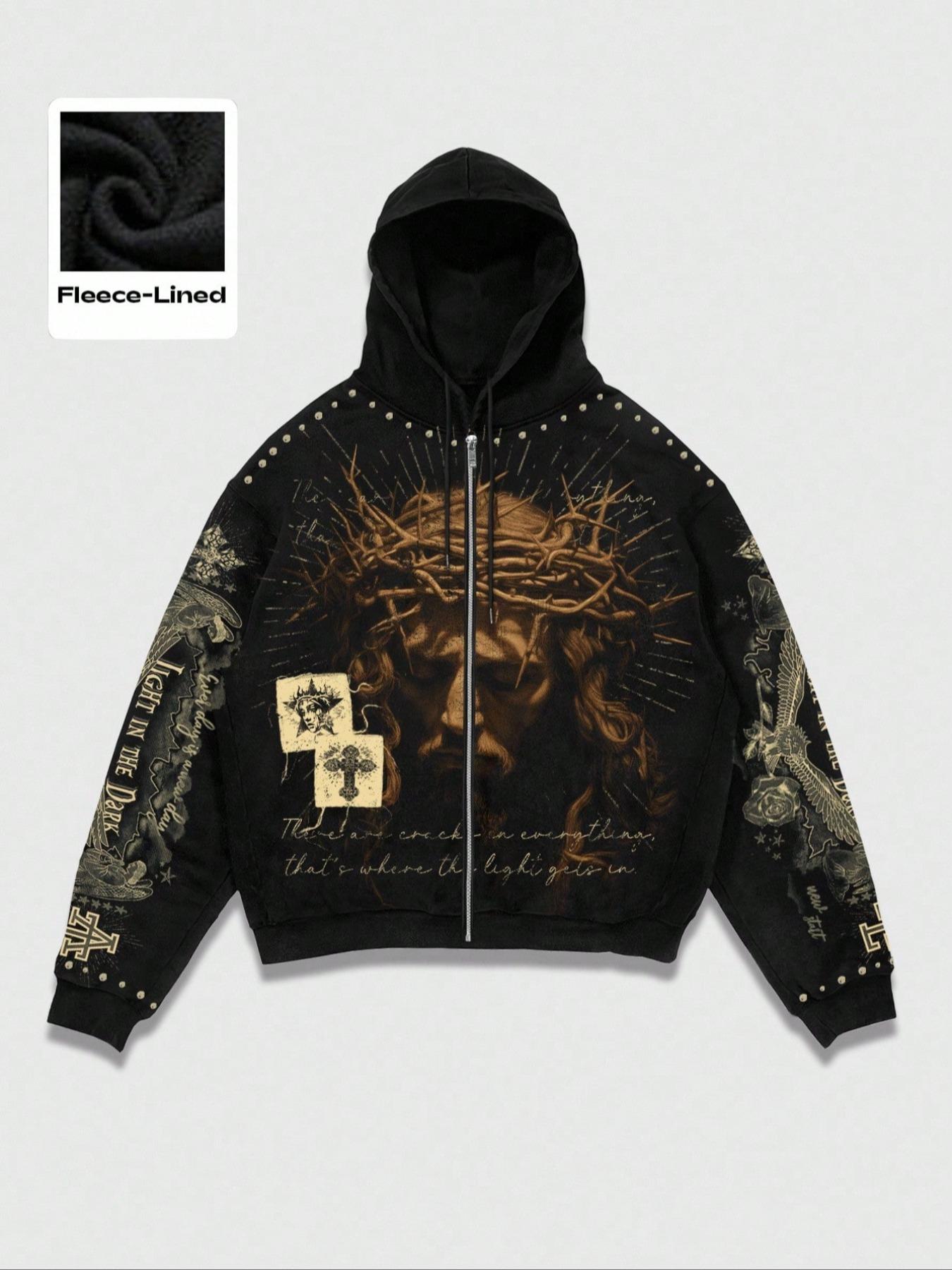 Men's Street Life Men's street style graphic lettering and religious figure Jesus print zip-up hoodie for fall and winter