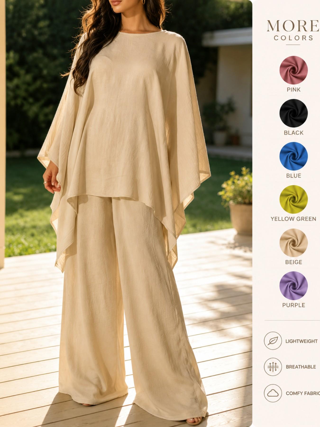 Women's 2-Piece Wide Leg Pants Set, Lightweight Soft Fabric, Casual Cape-Style Loose Top + High-Waisted Pants, Summer Fashion