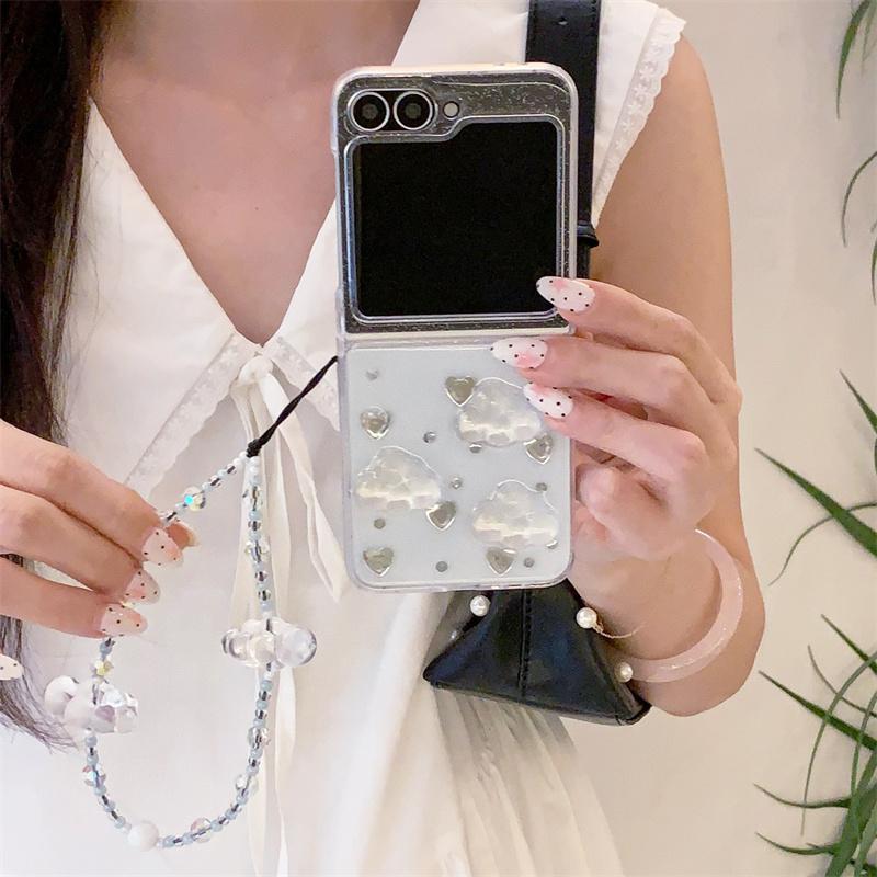 Fashion Glitter Love Cloud Resin Phone Case For Samsung Galaxy Z Flip 7 6 5 4 Flip7 Flip6 Cover with Chain Hand Rope Cute Cases