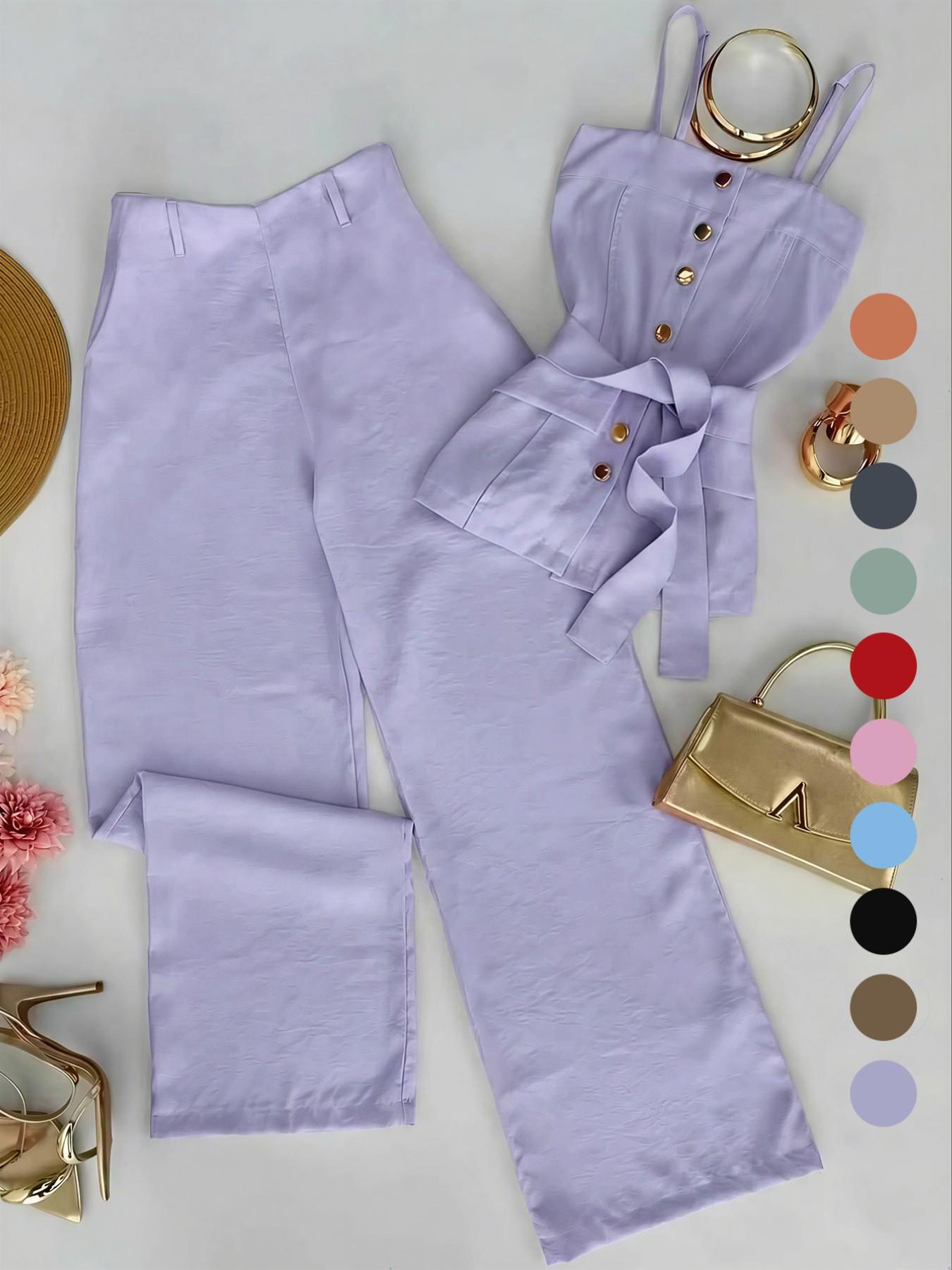 New Women's Solid Color Strappy Top & Long Pants Two-Piece Set, Versatile Casual Wear, Comfortable and Stylish, Perfect for Daily Use